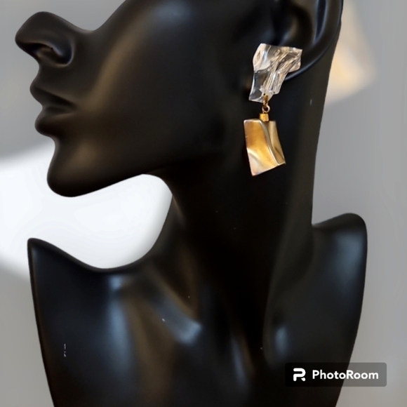 VTG Chunky Acrylic Twisted Mod Cubism Statement Dangle Post Earrings - Picture 1 of 4